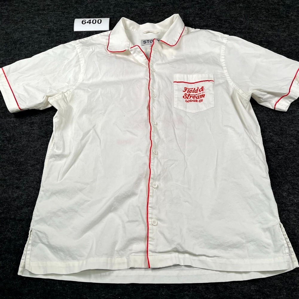 Stock Shirt Men M White Cotton Camp Collar Field & Stream Dry Fly Saloon Bozeman